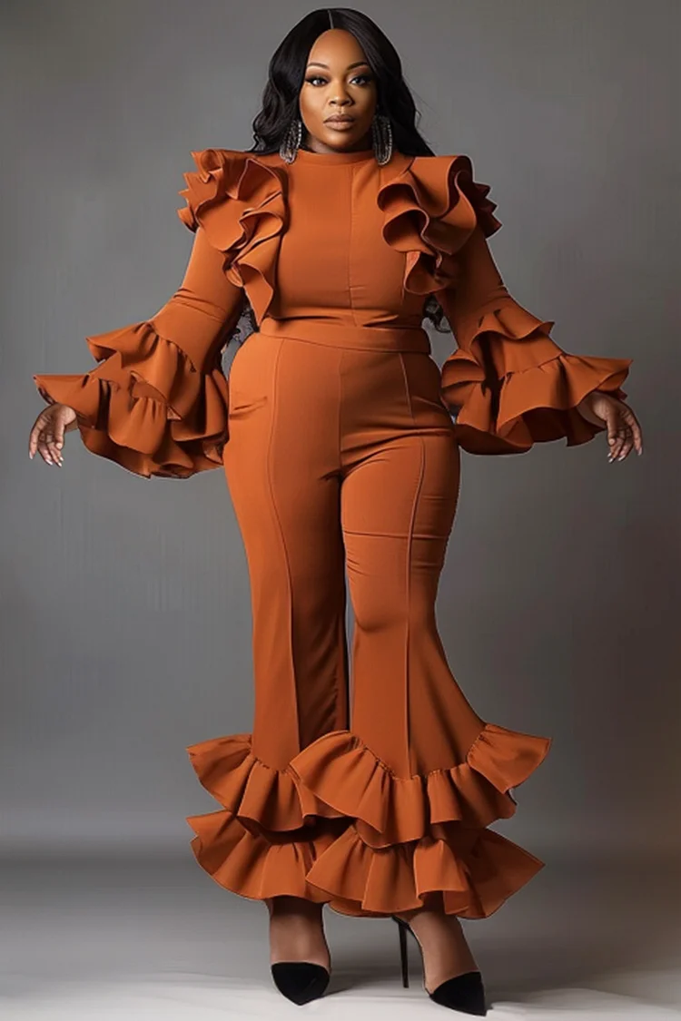 Xpluswear Design Plus Size Formal Orange Round Neck Flare Long Sleeve Ruffle Elegant Tiered Jumpsuits [Pre-Order] 2024 - Xpluswear