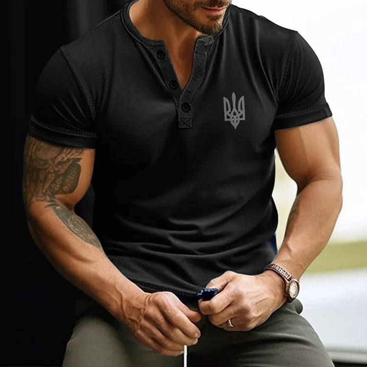 Men's Ukraine Trident Embroidered Henley T-shirt