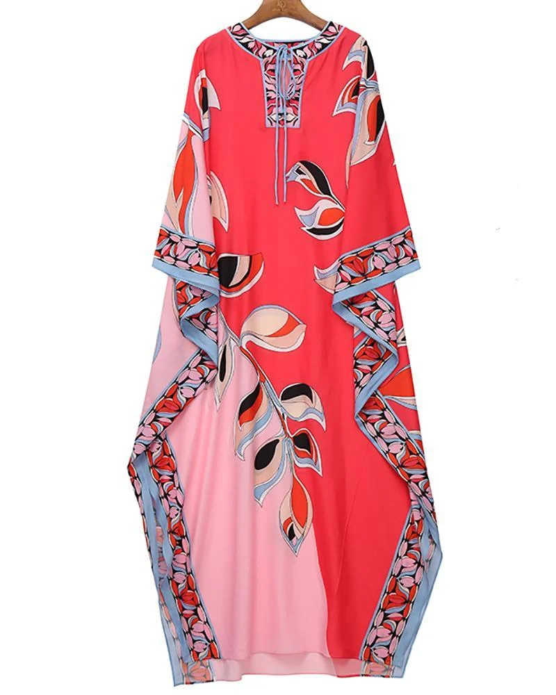 V Neck Batwing Sleeve Printed Side Split Knitting elastic Long Dress