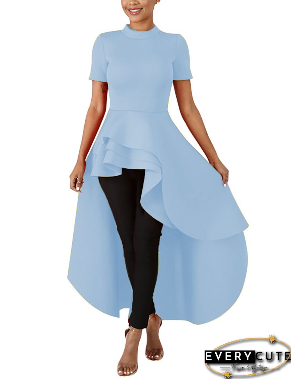 Light Blue Ruffles Hem Short Front Evening Dress