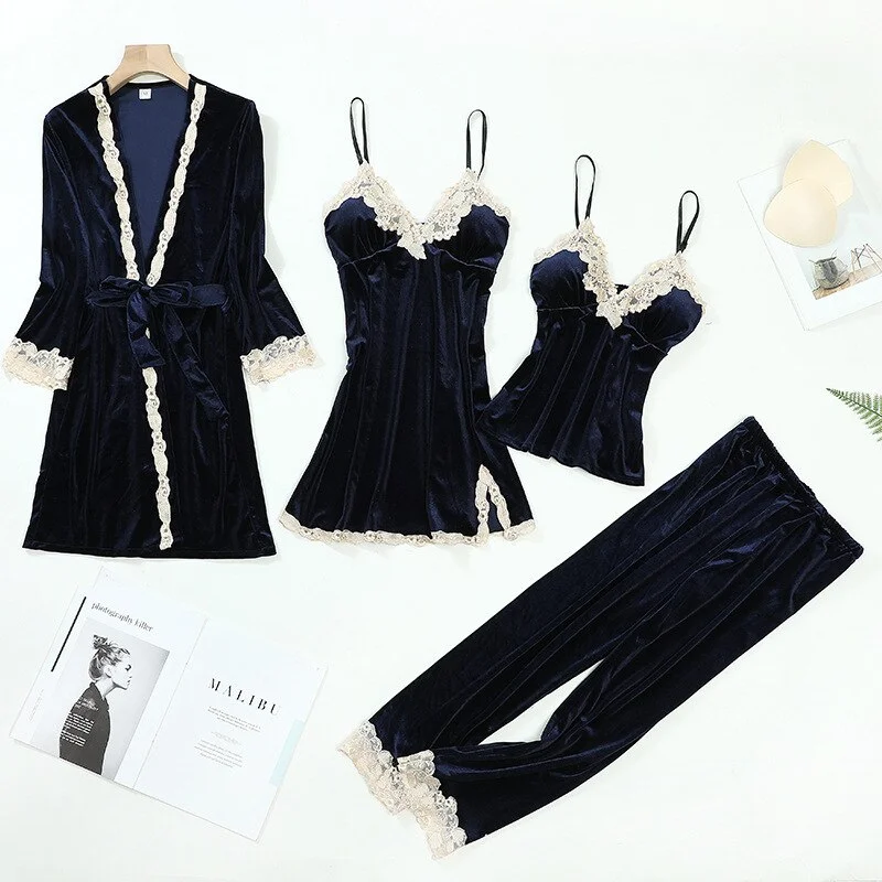 New Female Velvet Pajamas Set Autumn Winter Velour Sleepwear Bathrobe  Lace Trim Pyjama Trouser Suits Casual Home Wear
