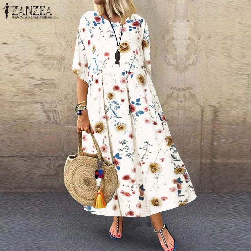 ZANZEA Bohemian Dress 2022 Women Summer Sundress Long Maxi Dresses Casual Floral Print Daily Vestidos Beach Robe Femme