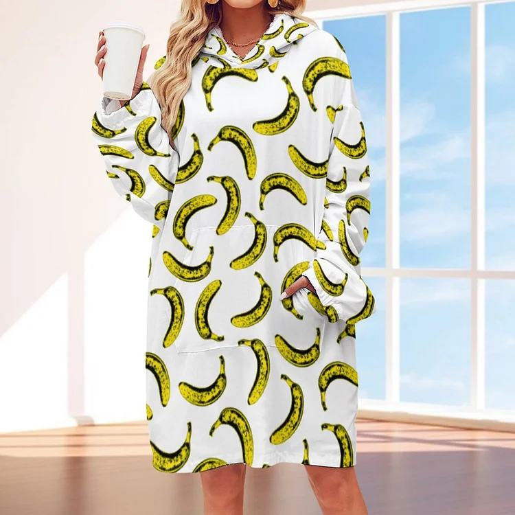 Yellow White Modern Bananas Fruit Illustration Thr Women Oversized Sherpa Hooded Blanket Warm Unisex Sherpa Blanket - Heather Prints Shirts