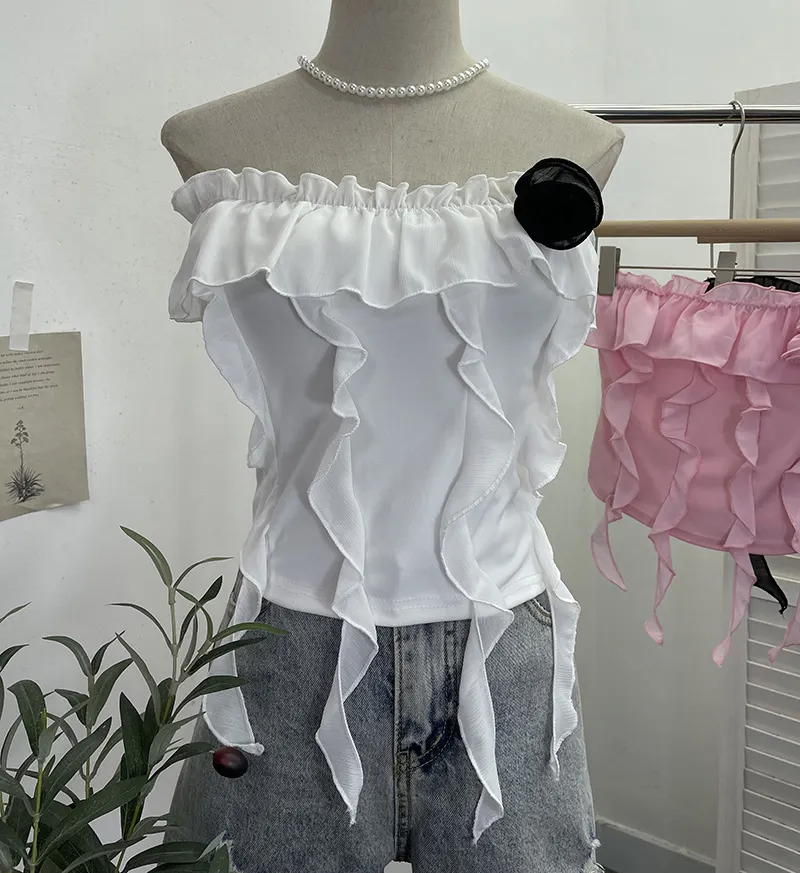 Churchf Real Shooting Pure Wind Lotus Leaf Side With A Word Shoulder Bra Small Vest Short Three-Dimensional Flowers Sleeveless Top 8856