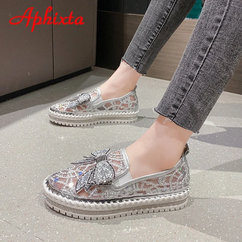 Aphixta Summer Shoes Women Flats Platform Luxury Bling Butterfly-knot Air Mesh Cool Loafers Couple Crystals Stitched Chunky Sole