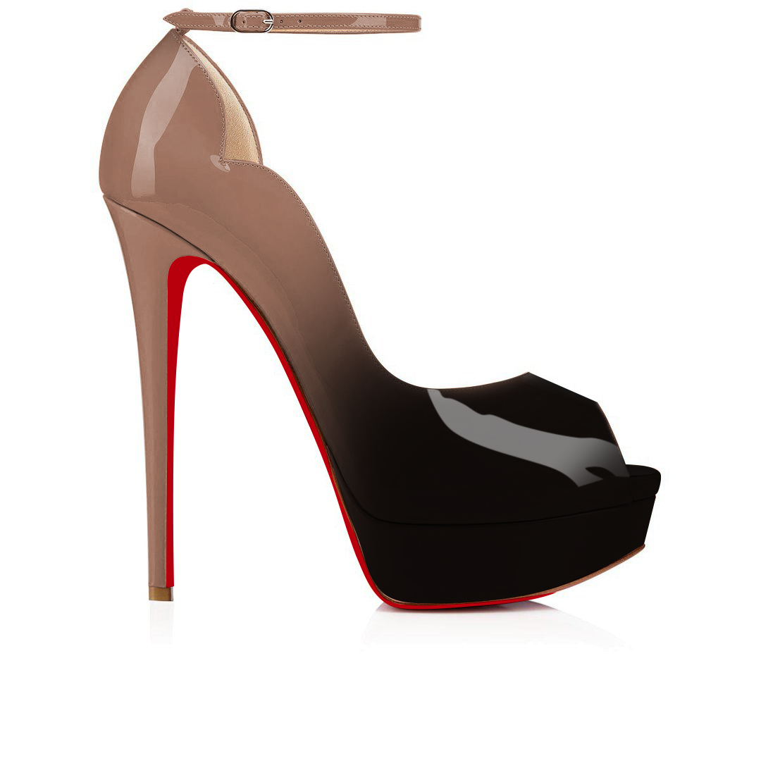 150mm Red Bottom Gradient Color Sky High Platform Ankle strap Pumps Nude Black Patent-MERUMOTE