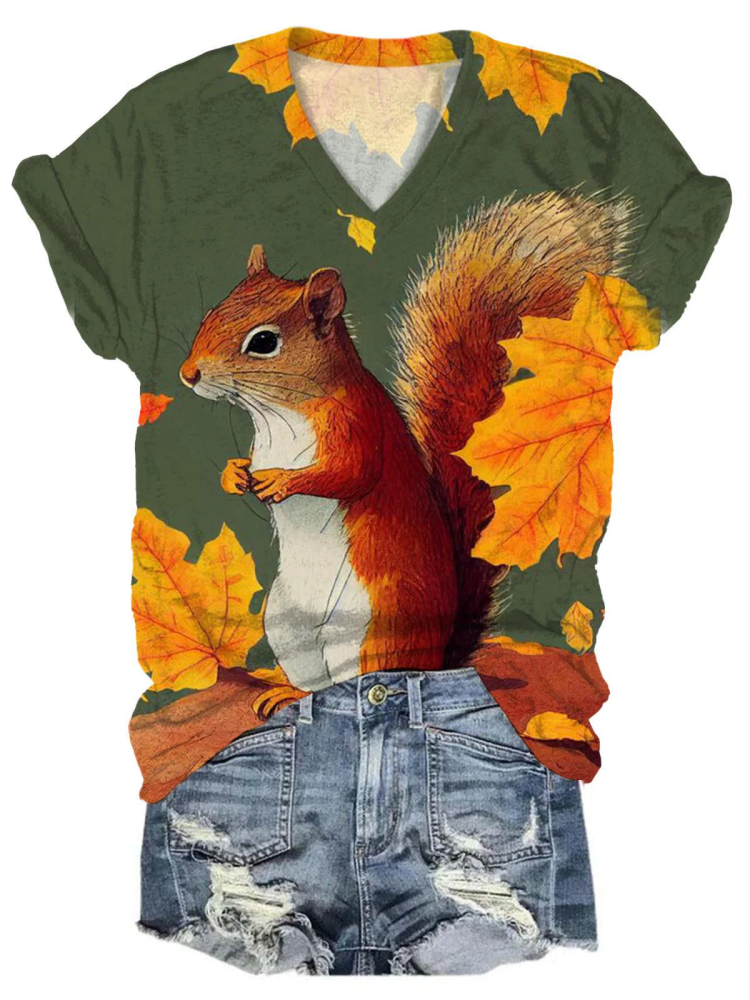 Fall Squirrel Print Casual Tops