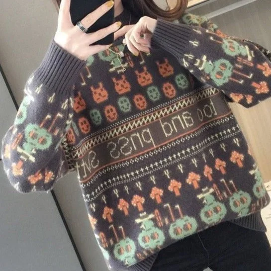 Fashion Black-Green Floral Cotton-Blend Long Sleeve Sweater