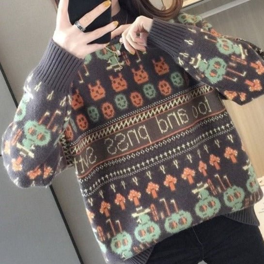 Fashion Black-Green Floral Cotton-Blend Long Sleeve Sweater | EGEMISS