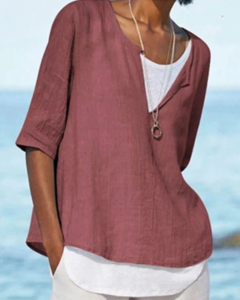 Women‘s V-neck Solid Color Cotton and Linen Mid-sleeve Top