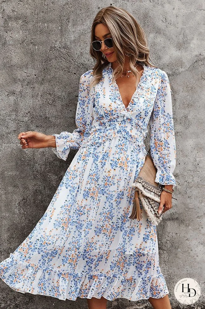 Sexy Long Sleeve Mid-Length V-neck Printed Dress