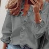 Gioiacombo&trade; Primavera ed estate nuova maglia a maniche lunghe arricciata con scollo a V