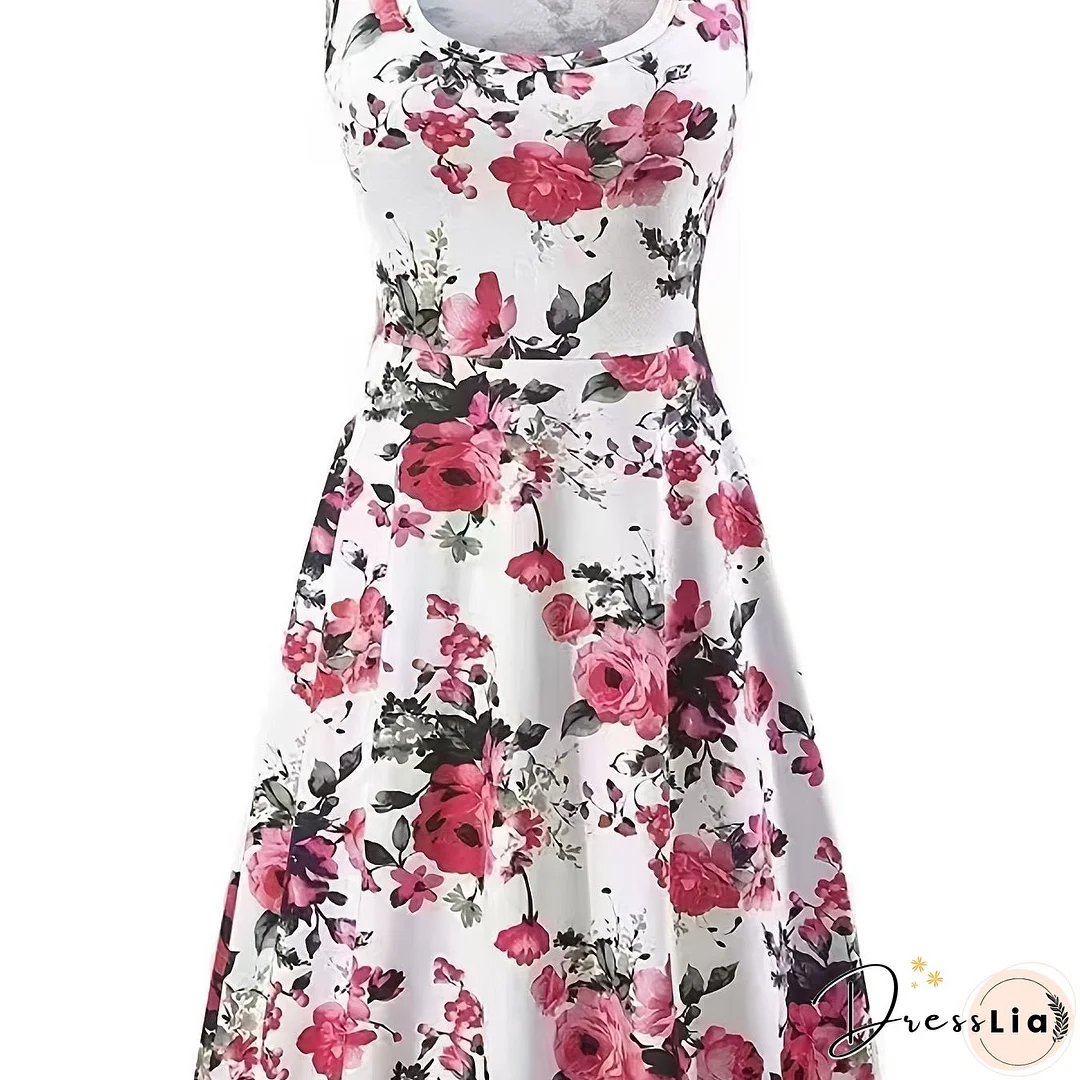 Plus Size Elegant Dress, Women's Plus Floral Print Round Neck Medium Stretch Tank Dress