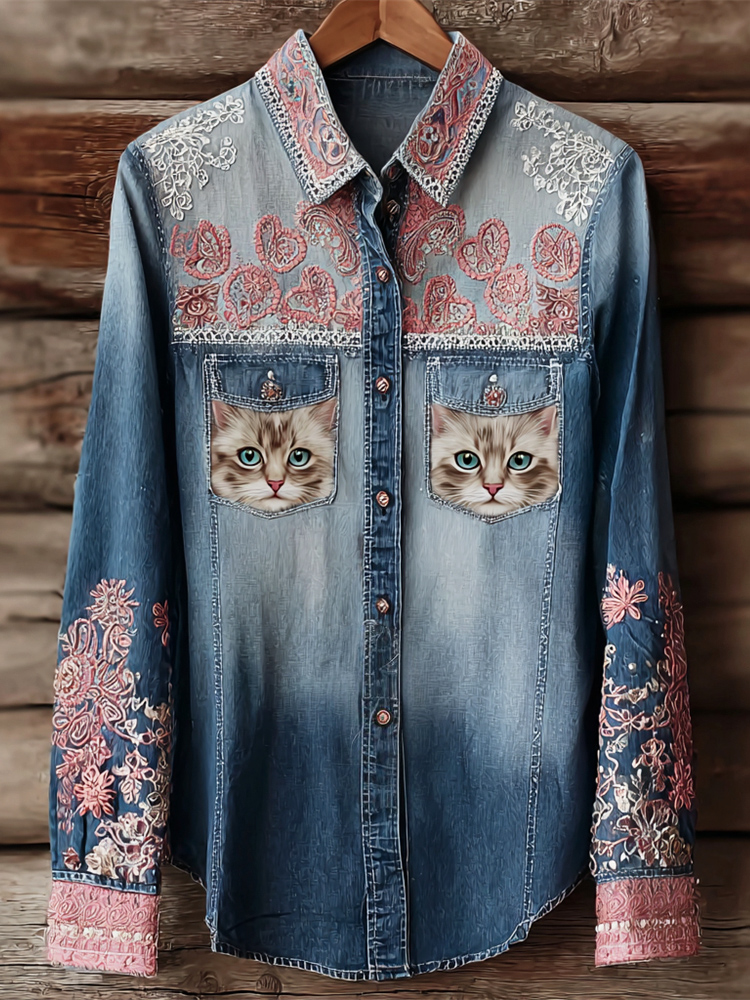 Boho Cat Face Floral Embroidered Lace Art Women's Long Sleeve Denim Shirt elevenforest