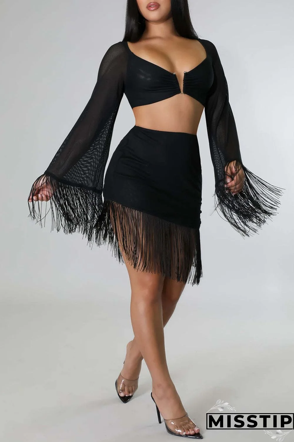 Black Sexy Solid Tassel Patchwork V Neck Long Sleeve Two Pieces