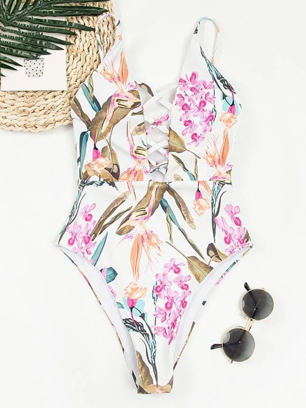 Floral-Print Bandage Hollow Split Bikini Swimsuit