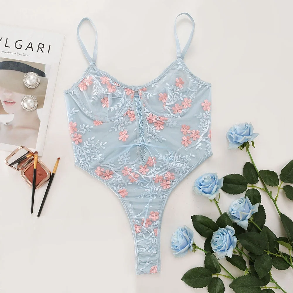 Sexy Flower Embroidery Underwear Women Lace Bustier and Corset Blue Bodysuit Halter Jumpsuit Charming Lingerie Female Pajamas