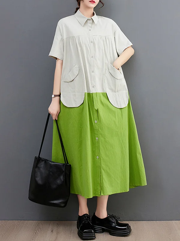 Roomy Oversize Contrast Color Pockets Split-Joint Lapel Midi Dresses Shirt Dress