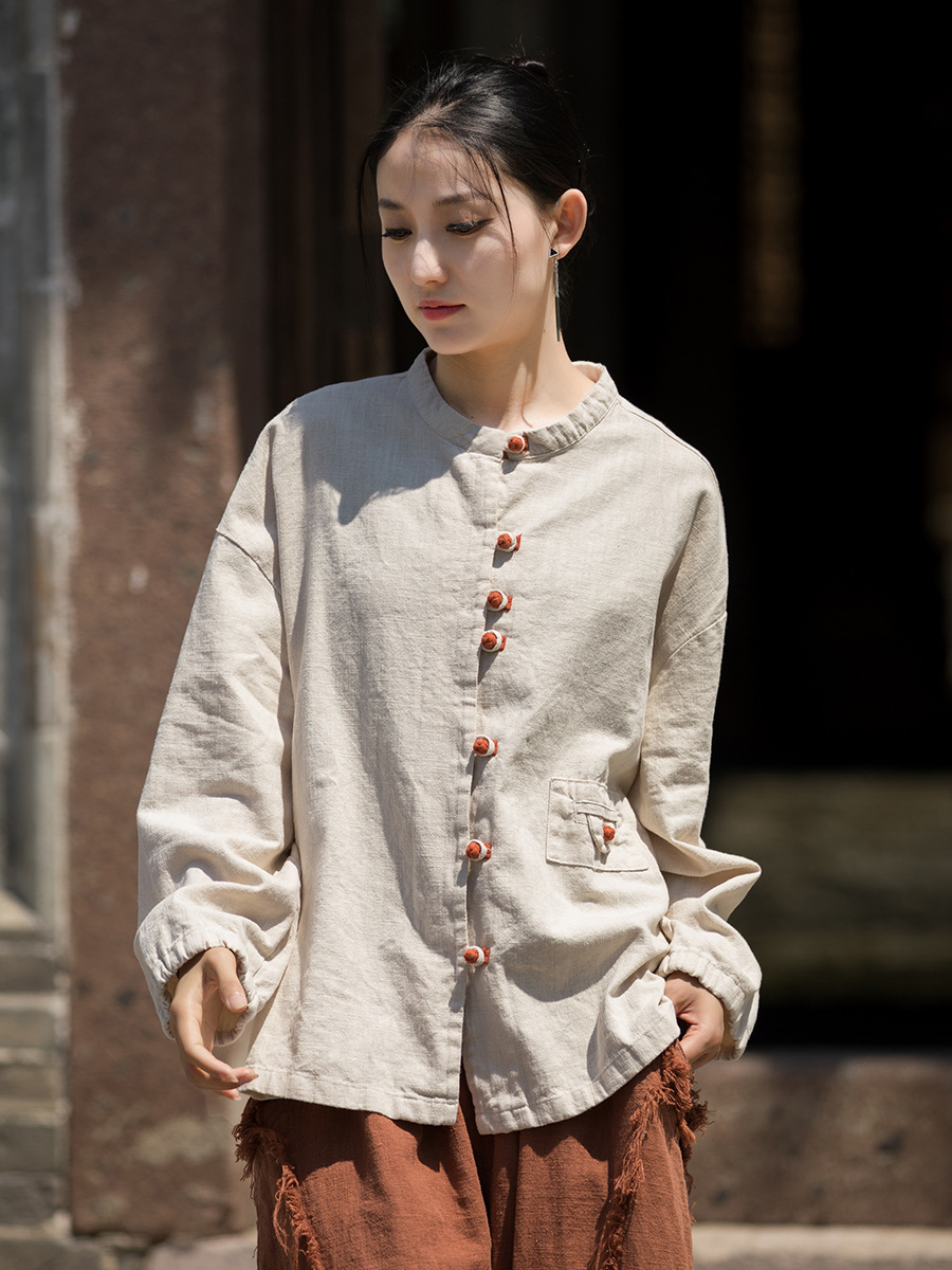 Vintage Artistic Ramie Mandarin Collar Button-Front Cardigan Shirt