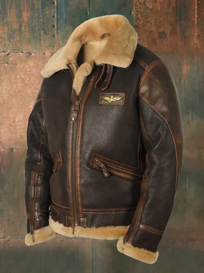 Men's Fleece Lapel Zipper Leather Jacket