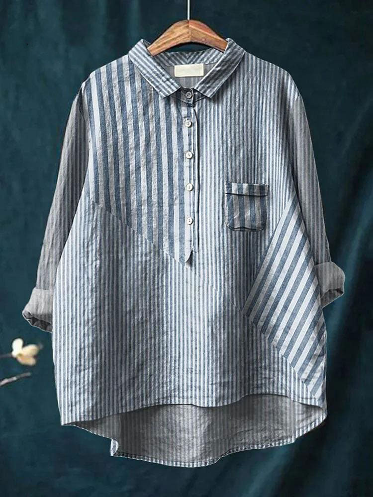 Stripe Art Printed Women's Casual Cotton And Linen Shirt