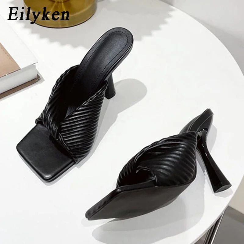 Eilyken 2022 New Summer Pleated Orange Women Slipper Fashion Slides Ladies Elegant Thin High Heel Outdoor Sandals Shoes