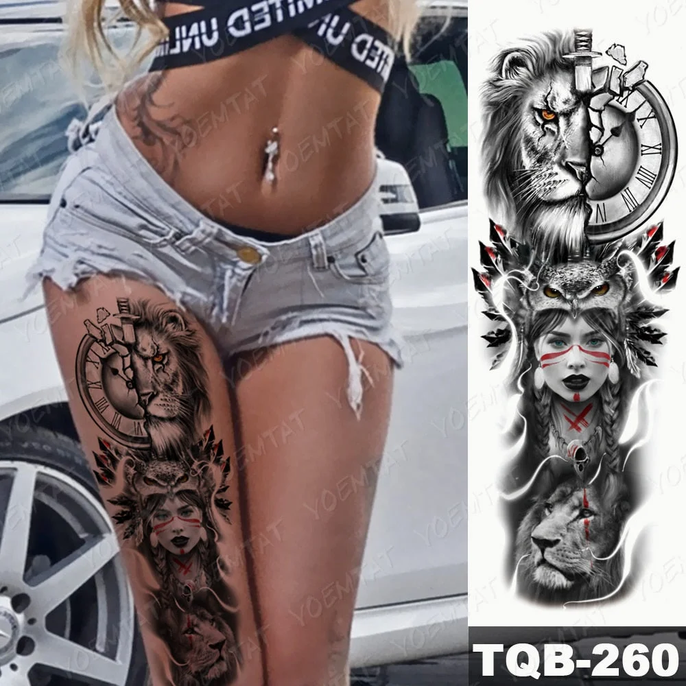 Large Arm Sleeve Tattoo Lion Indian Tribe Waterproof Temporary Tatto Sticker Clock Rose Body Art Full Fake Tatoo Women Men