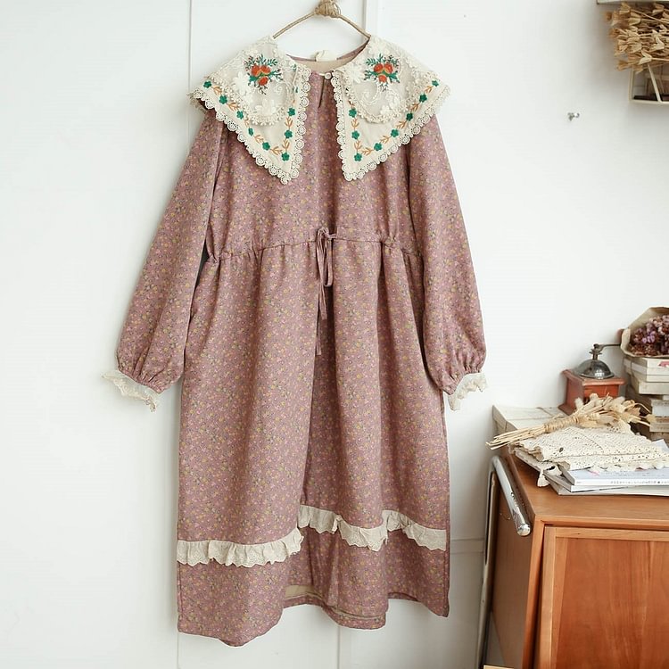 Queenfunky cottagecore style Cute Oversized Fit Lace Embroidered Fleece Dress QueenFunky