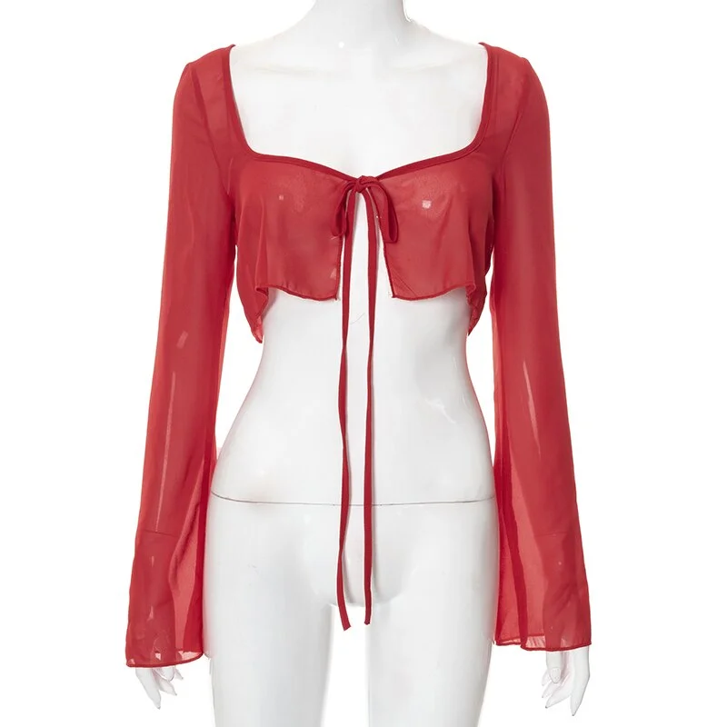 Yiallen Summer Elegant Mesh See Through Hot Sexy Tops and Blouses Women 2022 New Shirts Blouse Flare Sleeve Tie Up Tops Clothes