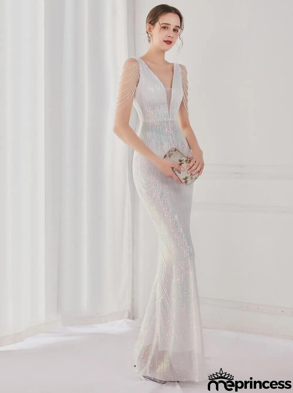 Spring Elegant White Bling Sequins V Neck Tassel Gradient Mermaid Evening Dress