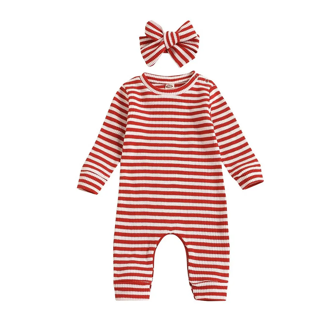Newborn Baby Girls Long Sleeve Romper, Horizontal Stripe Printing Classic Round Neck Ribbed Closing Sping Clothing