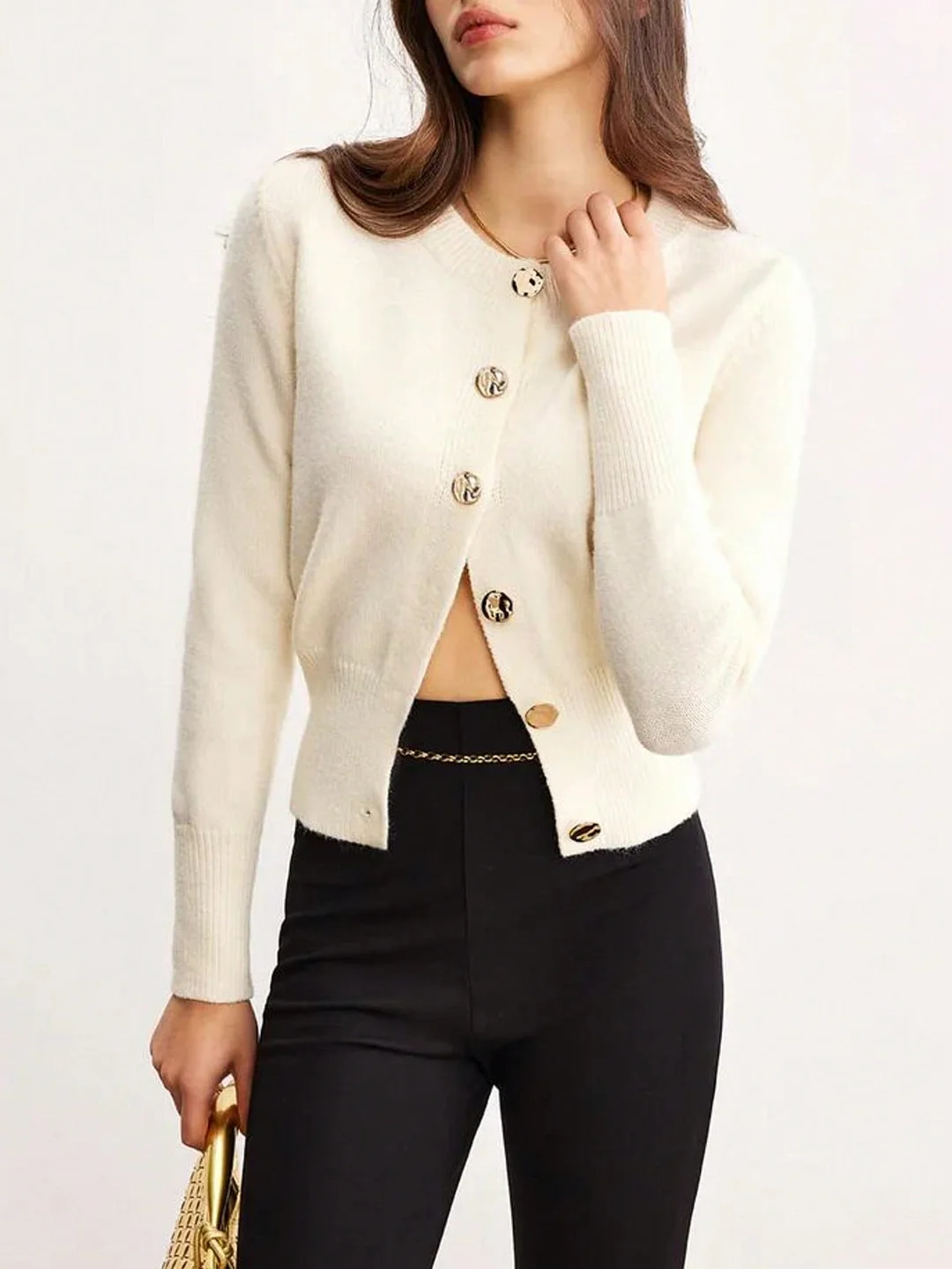 Nigikala Nigikala Elegant And Elegant Leisure Knitted Cardigan Fashion Commut Solid Color Simple Round-Neck Sweater Outside