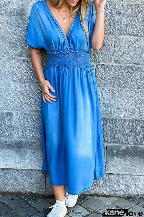 Bat V Neck Denim Maxi Dress