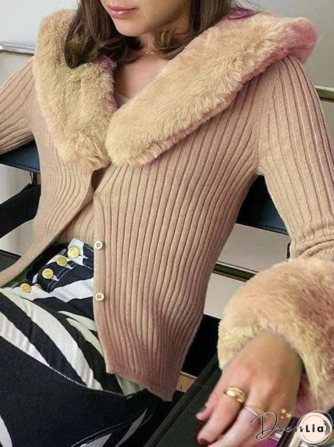 Coats Fur Collar Button Long Sleeve Coat for Women