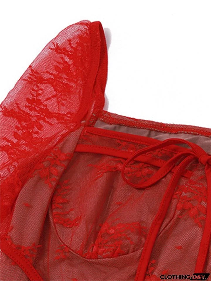 Flared Sleeve Ruffle Sexy Lace Dress for Ladies