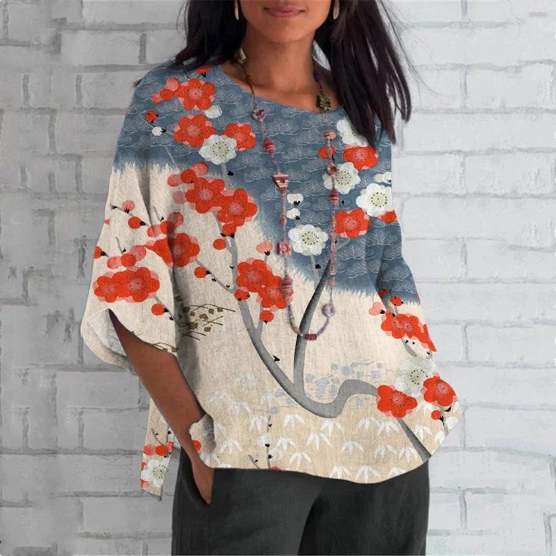 Japanese Art Cherry Blossom Print Crew Neck Casual T-Shirt