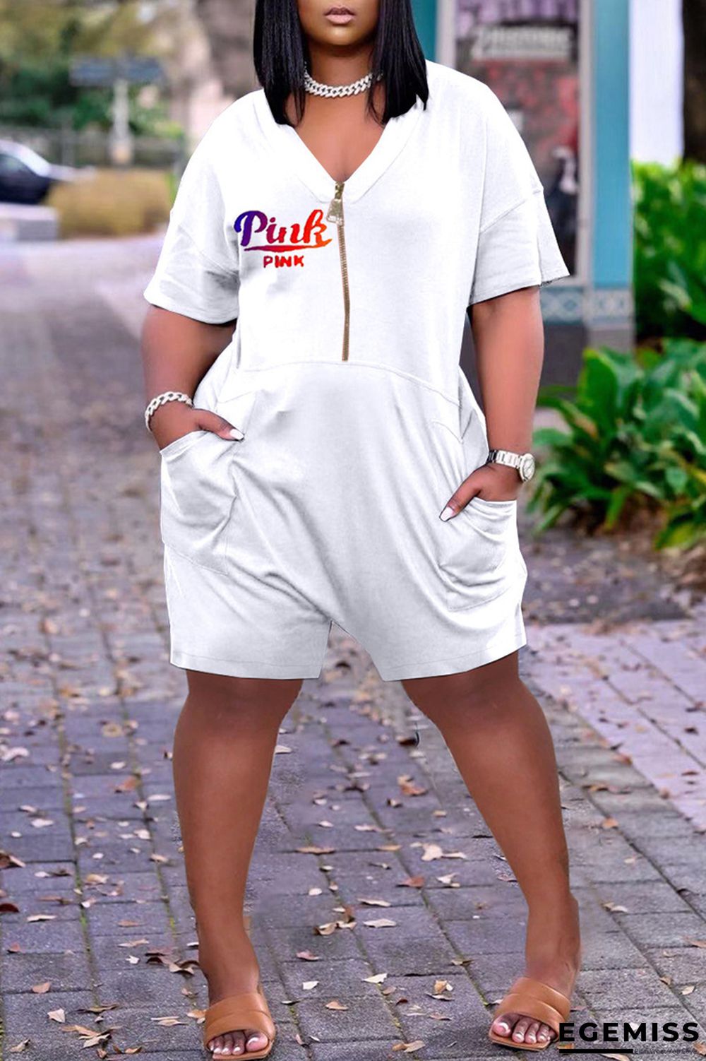 White Fashion Casual Letter Print Patchwork V Neck Regular Romper | EGEMISS