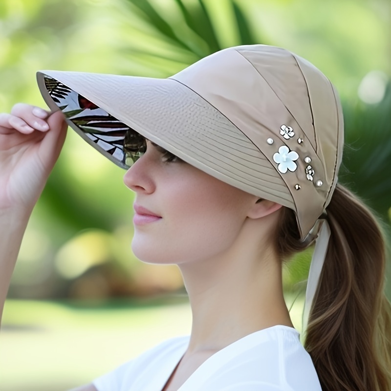 Vibrant Beaded Flower Decor Visor Hat - Foldable, UV Protection, Trendy Solid Color Design for Women's Daily Outdoor Use - Perfect for Summer Sun Protection and Stylish Fashion