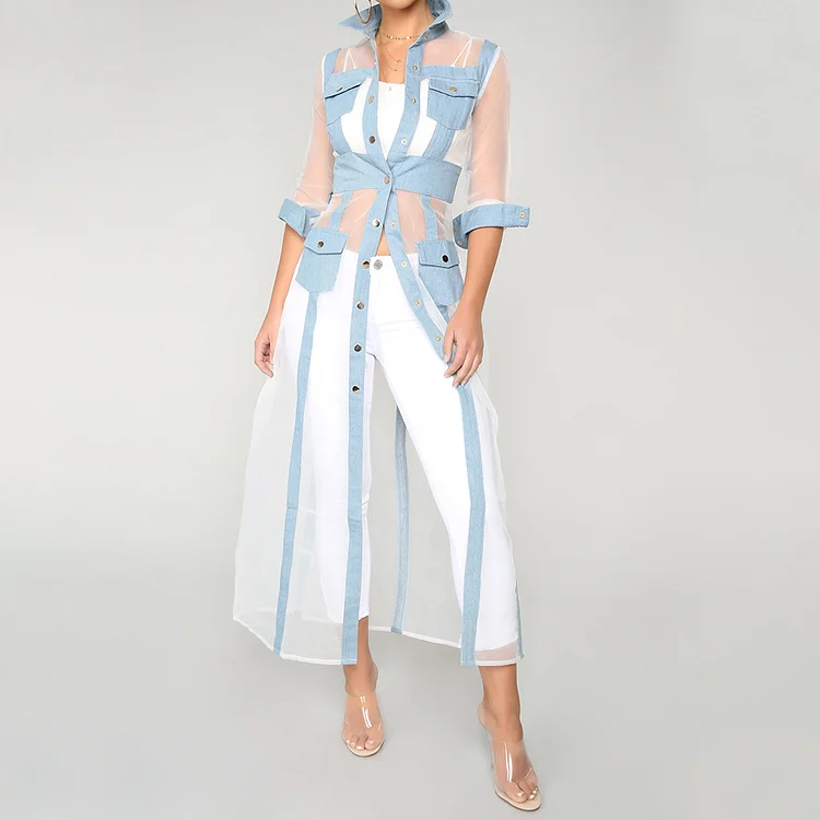 Fashion Turndown Collar See-Through Metal Button Long Blouse