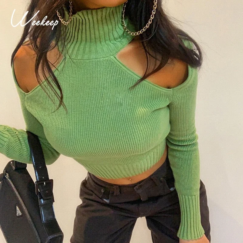 Weekeep Elegant Turtleneck Rib Knit T-shirt Streetwear 90s Vintage Hollow Out Women Knitwear Fashion Backless Lace Up Tee Autumn