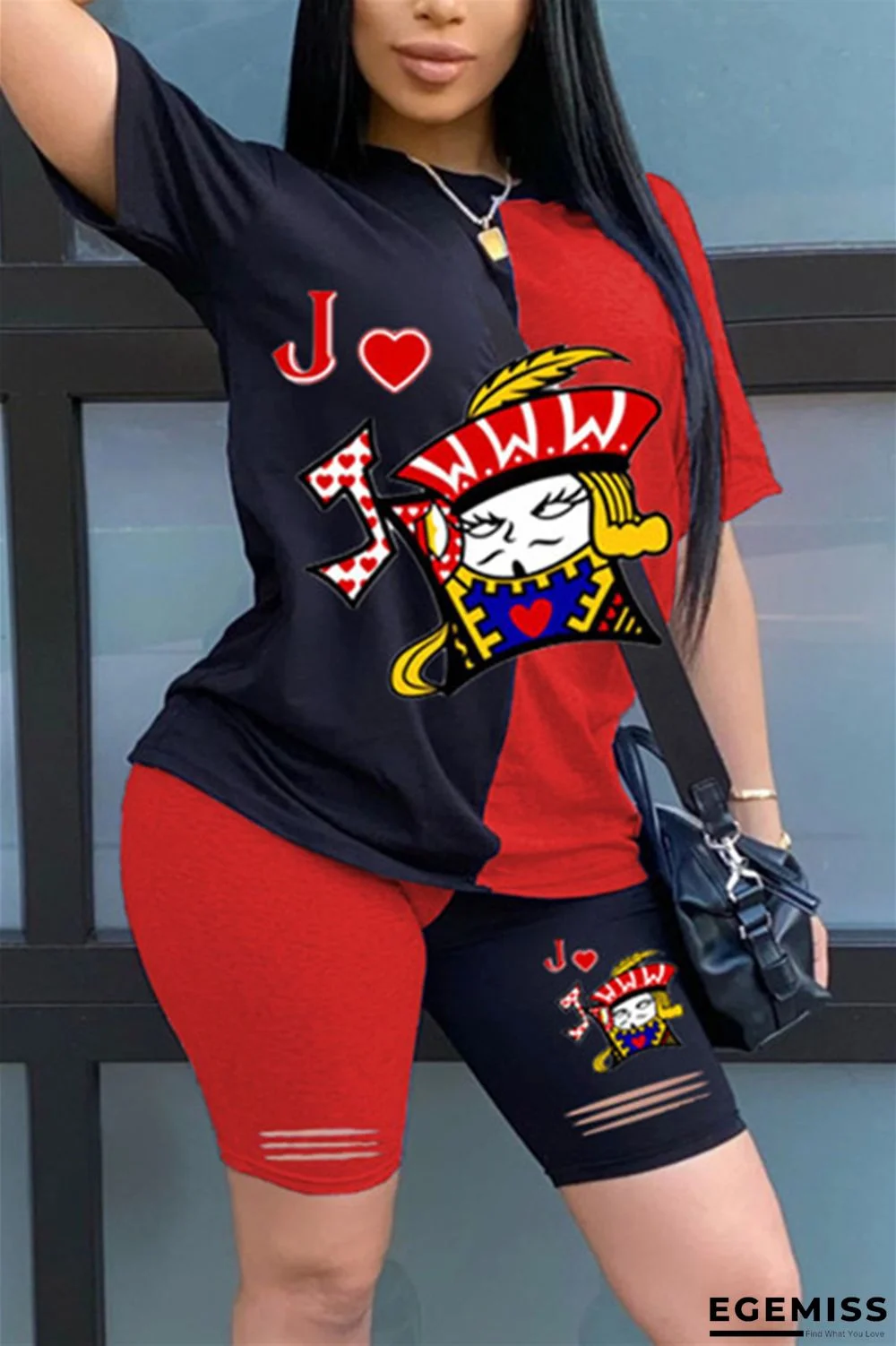 PrintJ Fashion Playing Cards Printed T-shirt Shorts Black Red Set | EGEMISS