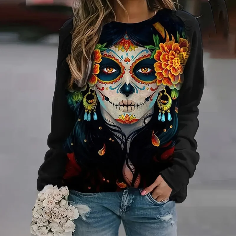 Day Of The Dead Print Crew Neck Sweatshirt
