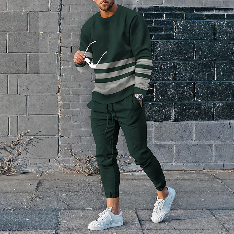 BrosWear Simple Striped Stitching Tracksuit Two Piece Set