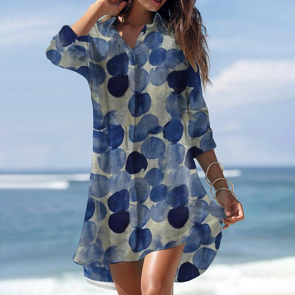Elegant Blue Print Collared Mini Dress