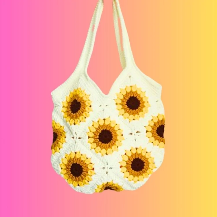 Lulusnow Handmade White Granny Square Sunflower Crochet Granny Square Bag, Amigurumi Sunflower Shoulder Bag, Handmade Bag for Girls