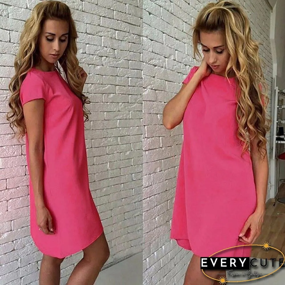 Women Fashion Casual O-neck Short Sleeve Loose Solid Color Mini Short Dress Plus Size S-XXL