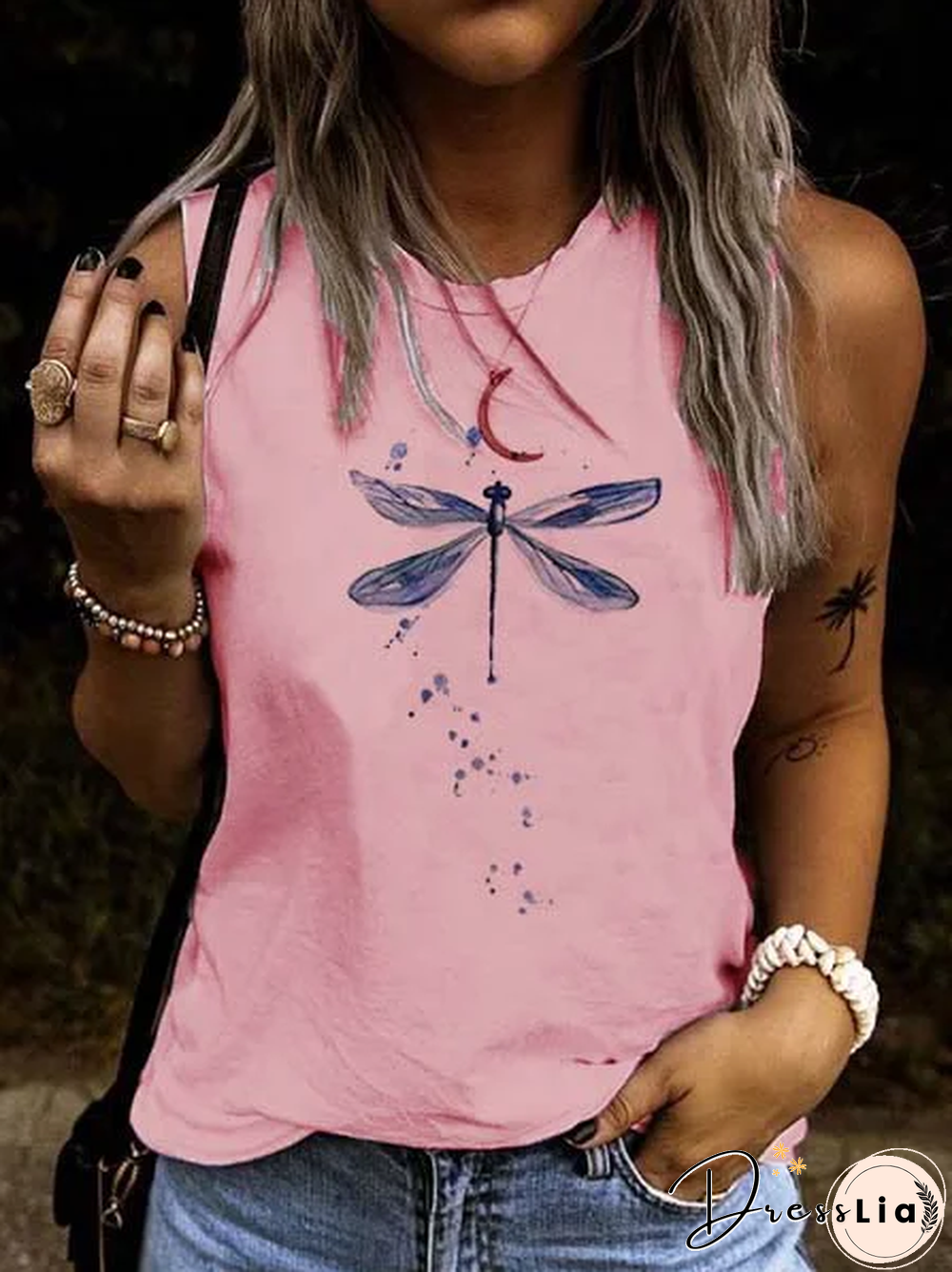 Casual Printed Crew Neck Sleeveless Tops