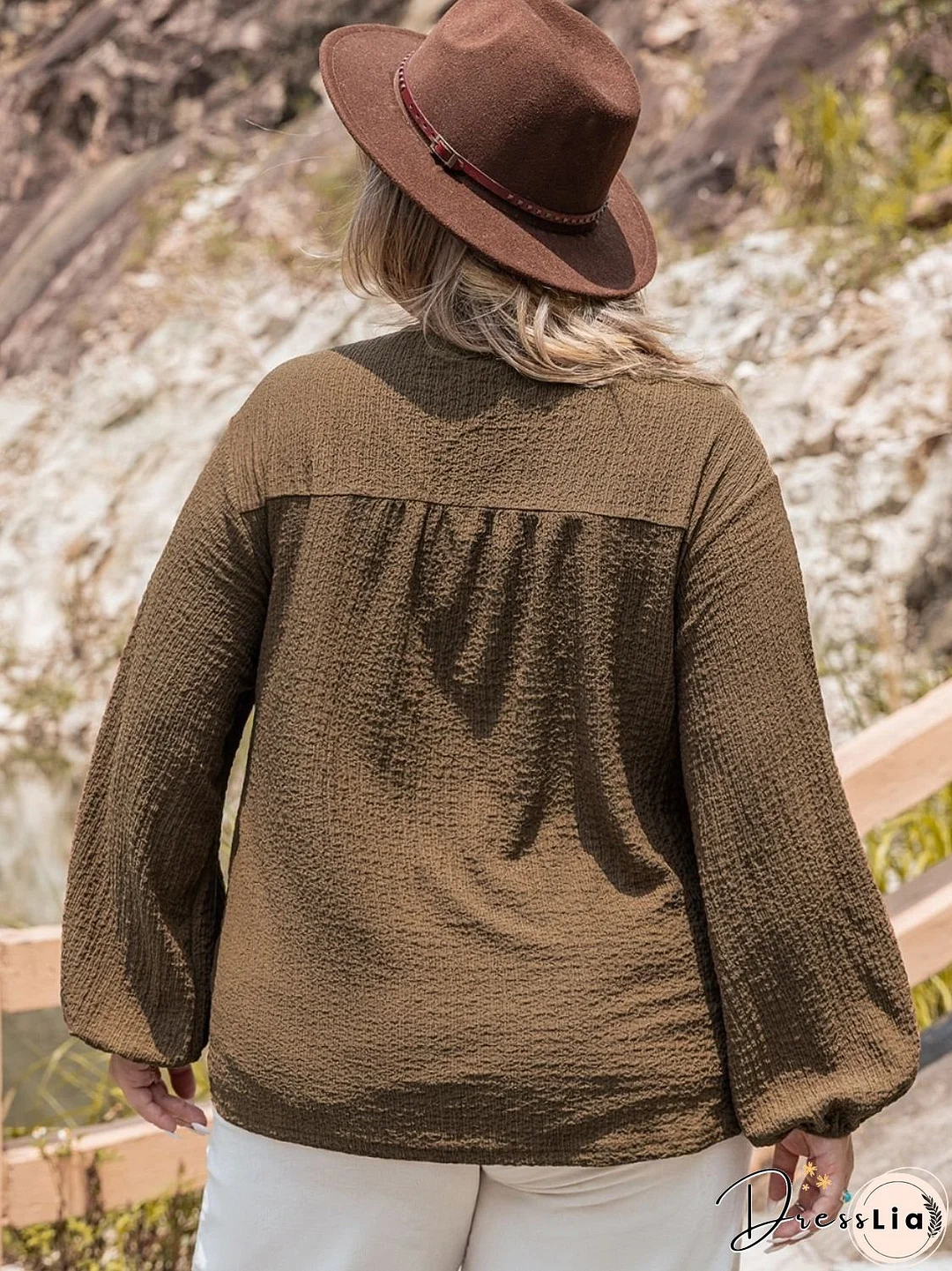 Plus Size Tie Neck Long Sleeve Blouse