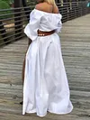 Solid Color Off-The-Shoulder  Puff Sleeves Split-Front Maxi Dress