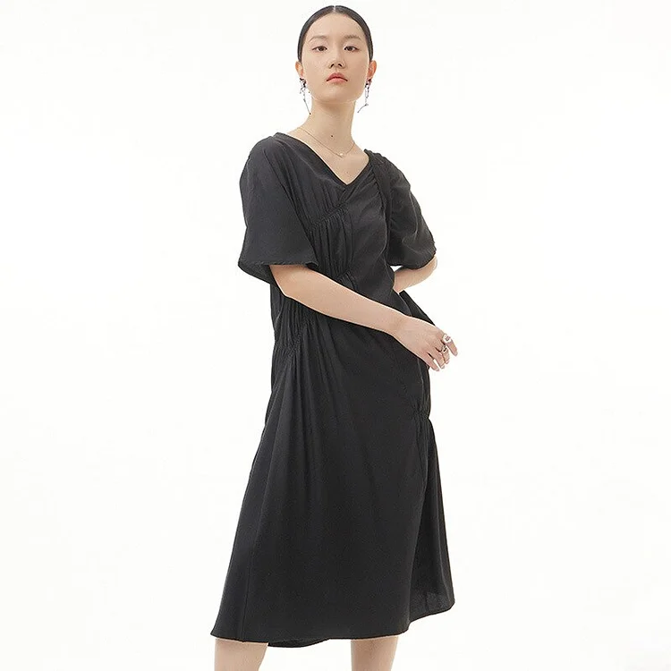 Casual Loose Solid Color V-Neck Irregular Pleated Short Sleeve Dress 